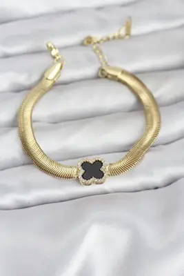 316L Çelik Gold Renk Siyah Yonca Model Zirkon Taşlı Yılan Zincirli Kadın Bileklik