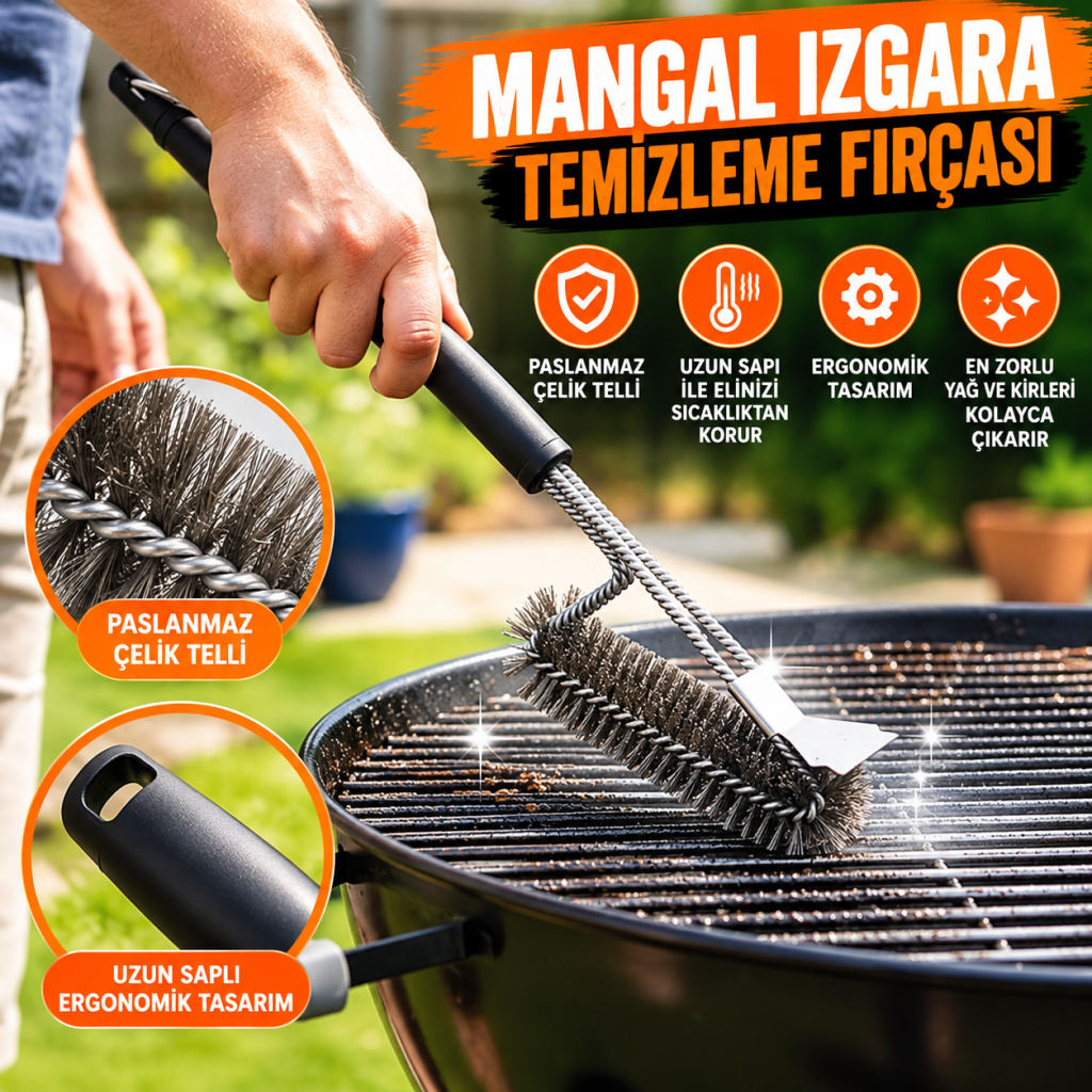 Mangal Izgara Temizleme Fırçası – Paslanmaz Çelik Telli, Uzun Saplı Grill Temizlik Aparatı Mangal Temizlik Fırçası