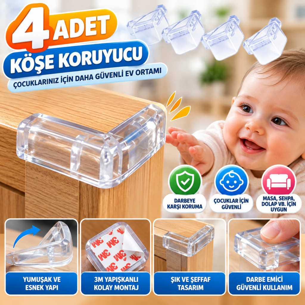 4 Adet Kendiliğinden 3M Yapışkanlı Yumuşak ve Esnek Yapıda Sehpa,Masa,Dolap Köşe Koruyucu Aparat