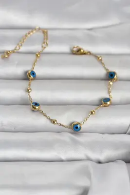 316L Çelik Gold Renk Top Zincirli Nazarlı Kadın Bileklik