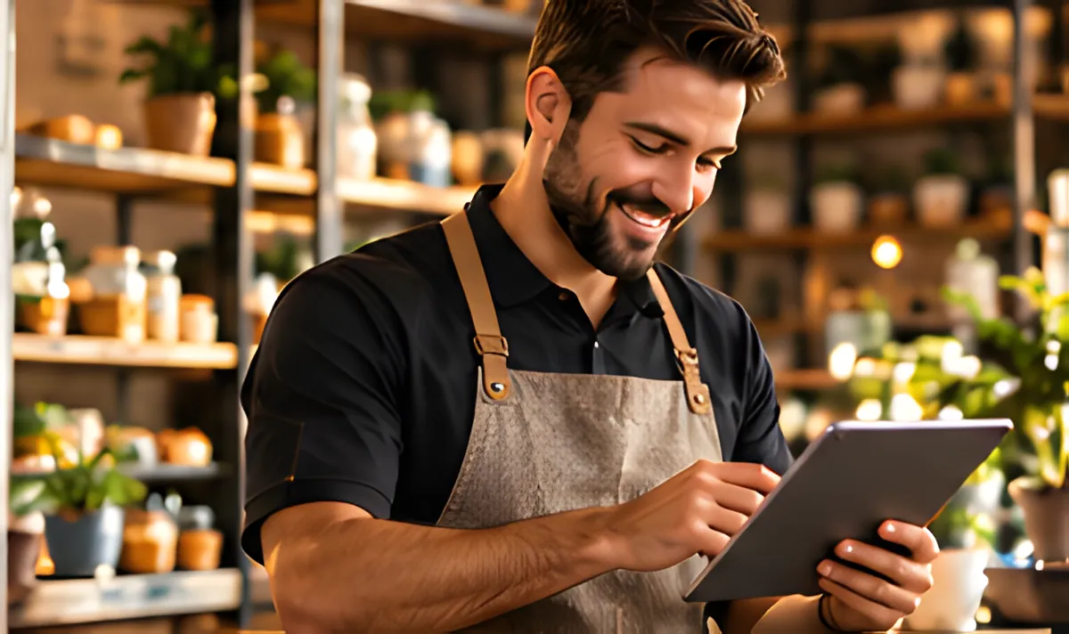 Mağazasında tablet kullanan işletme sahibi
