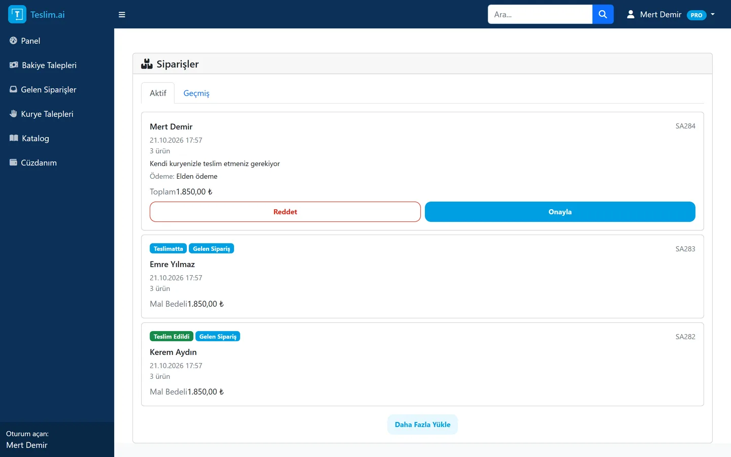 teslim.ai mağaza paneli: siparişler ekranı