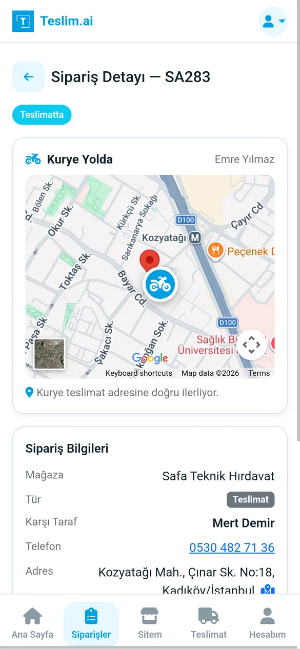 teslim.ai mobil uygulama: sipariş detayı ve kurye konumu